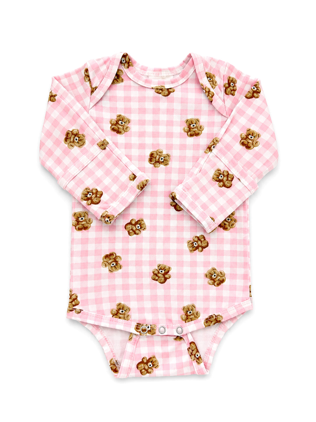 Pink gingham baby onesie with teddy bear print and long sleeves, featuring snap closures at the bottom.