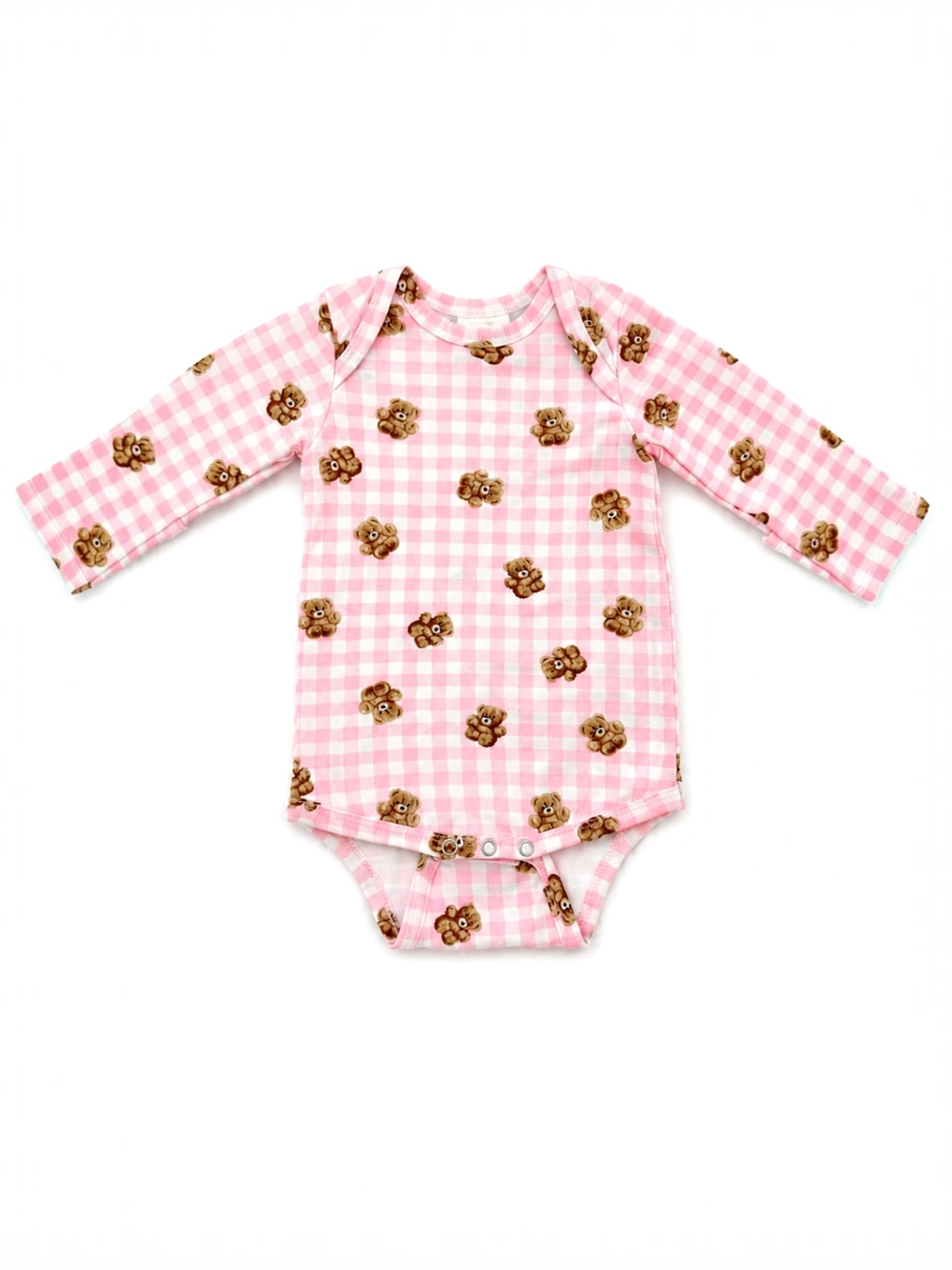 Pink long-sleeve onesie with teddy bear pattern and gingham print design. Ideal for infants.
