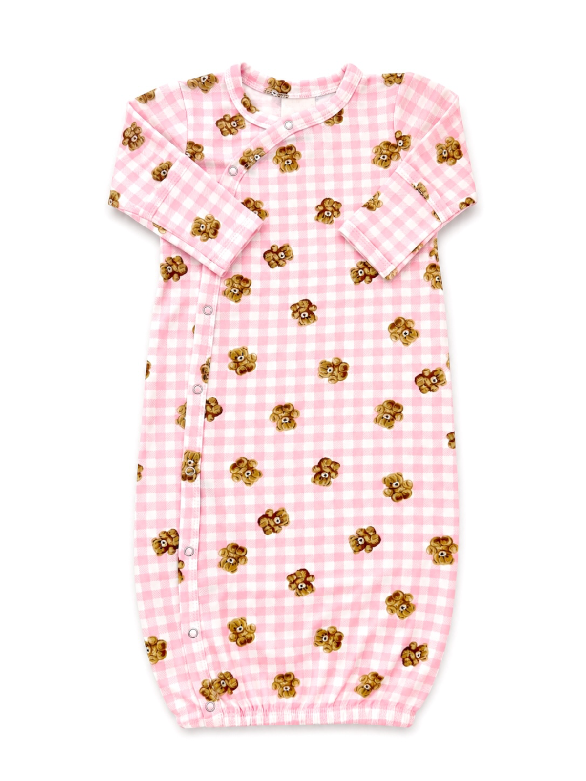 Pink gingham baby gown with teddy bear print, featuring snap buttons and elastic bottom for easy changing.