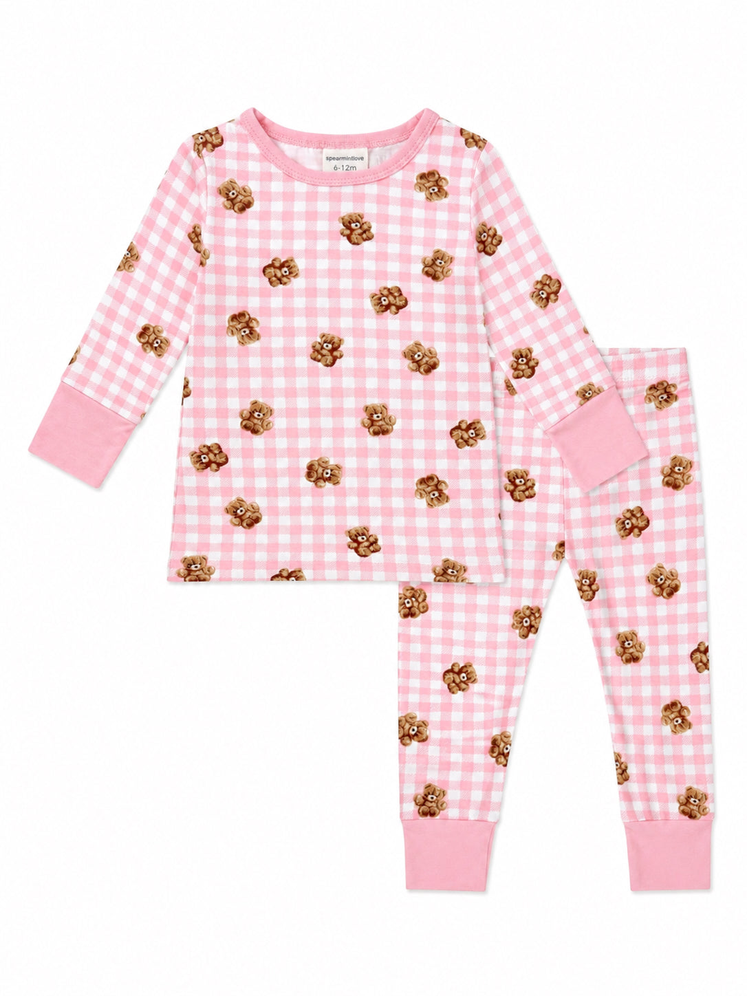 Pink plaid pajama set with teddy bear print, featuring long sleeves and matching pants. Ideal for toddlers.