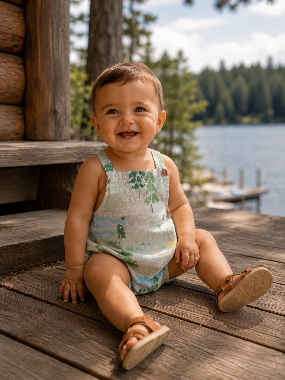 Smiling baby in a colorful outfit sitting on wooden steps by a lake, surrounded by trees.