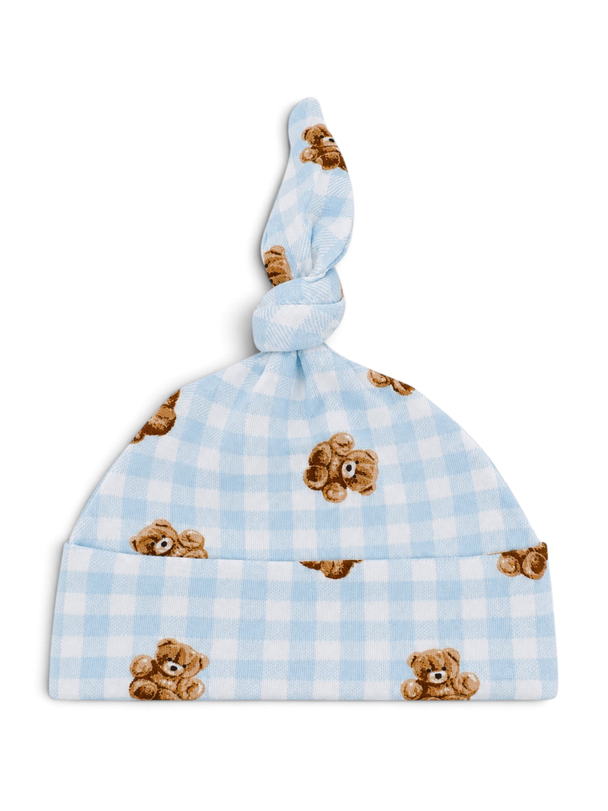 Blue plaid baby hat with teddy bear print and a knotted top. Ideal for newborns.