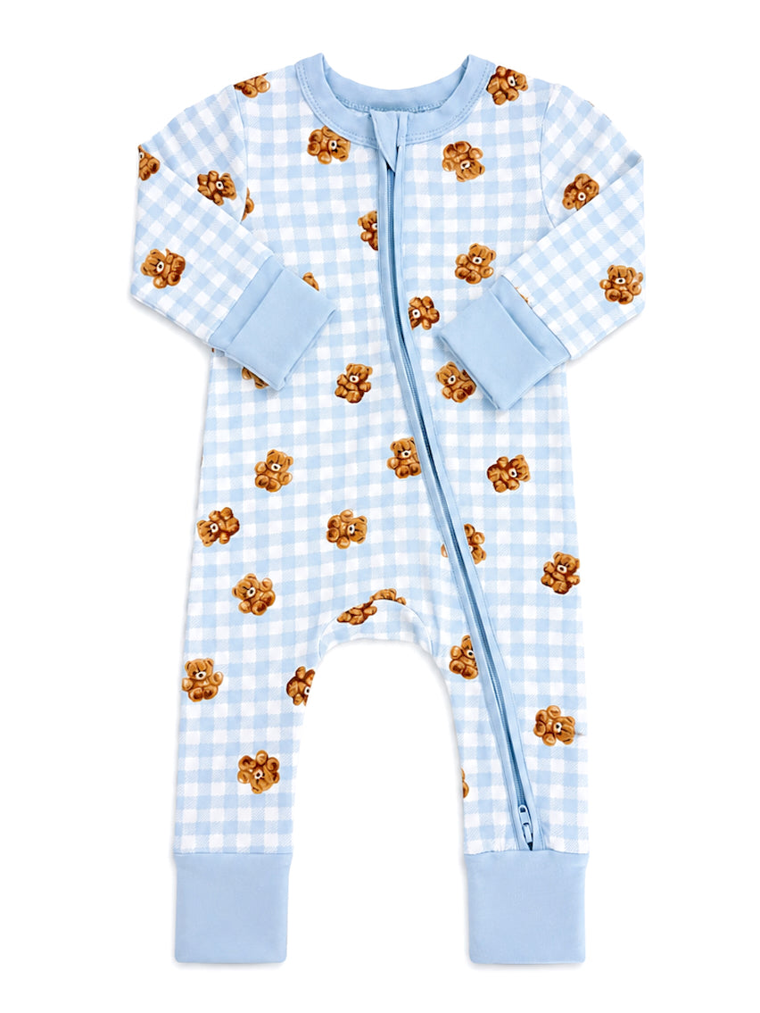 Light blue onesie with teddy bear print and a front zipper, suitable for infants and toddlers.
