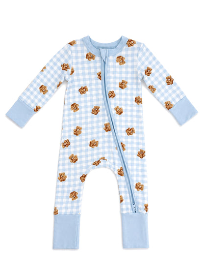 Light blue checkered baby onesie with teddy bear prints and a front zipper. Ideal for comfort and style.