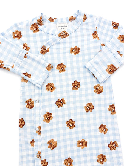 Light blue checkered baby onesie with teddy bear prints, designed for ages 0-3 months.