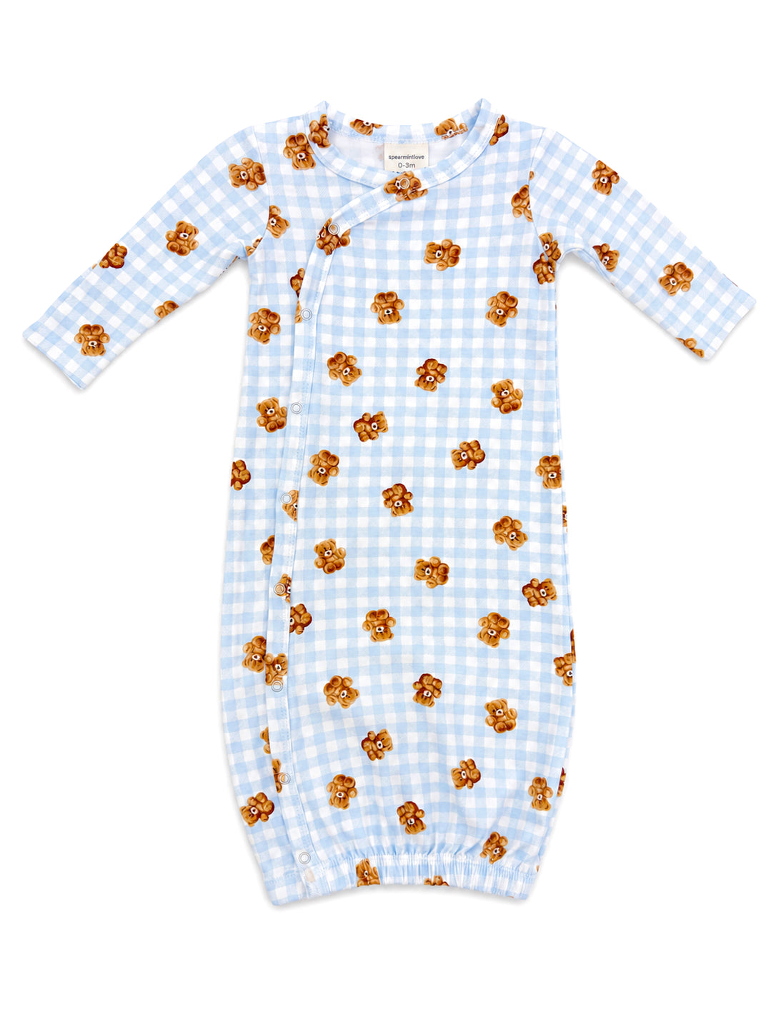 Blue gingham baby gown with brown teddy bear prints and long sleeves. Perfect for newborns.