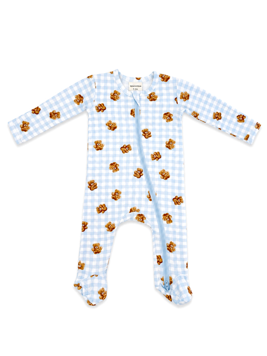 Light blue baby onesie with teddy bear pattern and a front zipper. Ideal for infants aged 0-3 months.