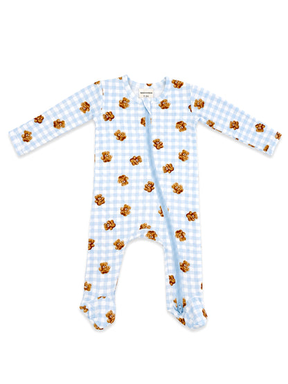 Light blue baby onesie with teddy bear pattern and a front zipper. Ideal for infants aged 0-3 months.