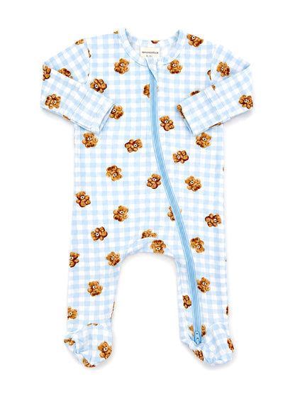 Blue gingham baby onesie with teddy bear print, featuring a front zipper and footed design. Perfect for comfort and cuteness.