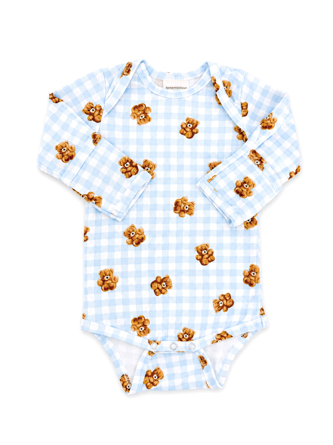 Light blue long-sleeve onesie with teddy bear print on a checkered pattern. Perfect for infants.
