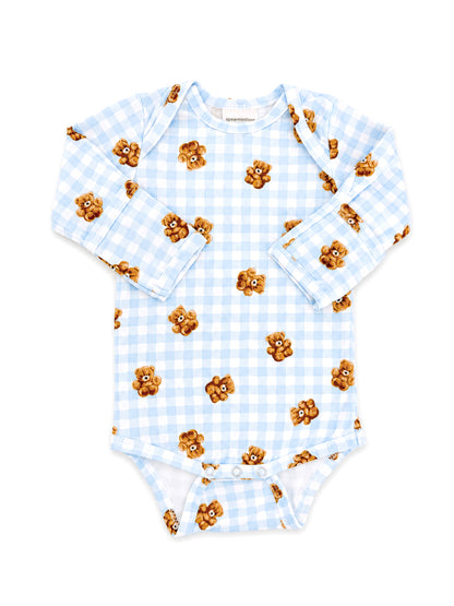 Light blue long-sleeve onesie with teddy bear print on a checkered pattern. Perfect for infants.
