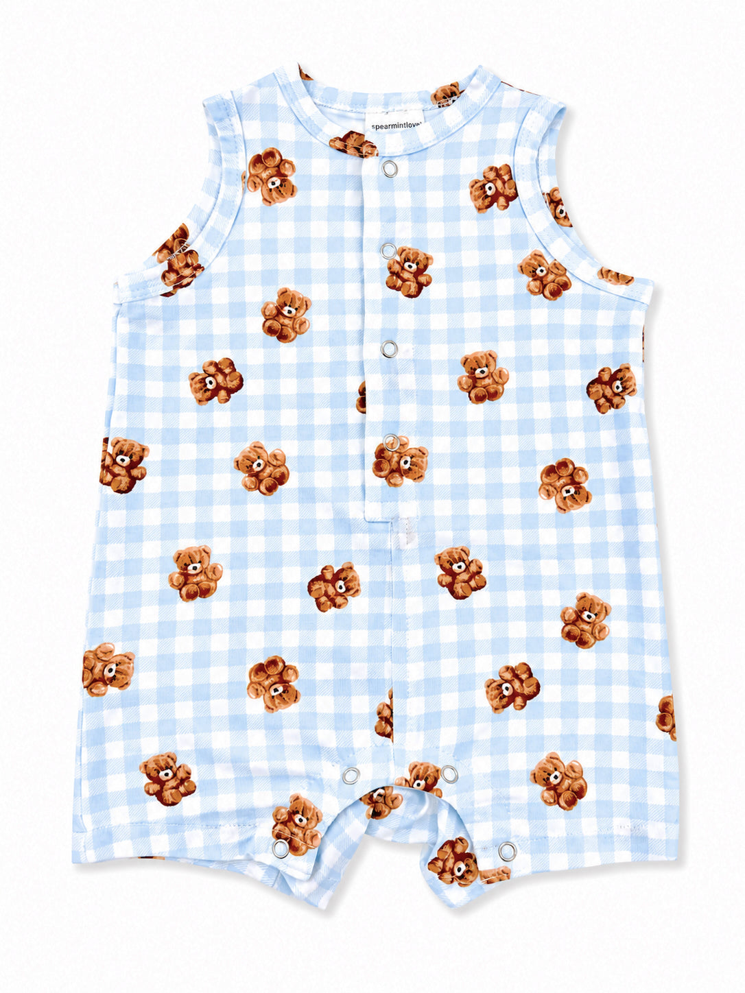 Blue gingham baby romper featuring cute teddy bear patterns, perfect for warm weather and playful outings.