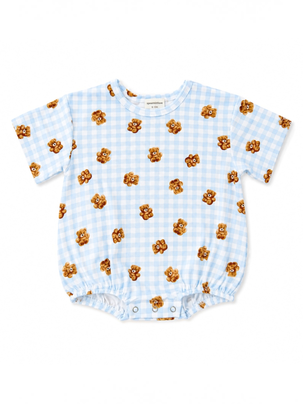 Light blue infant onesie featuring a playful bear print on a checkered background. Ideal for toddlers.