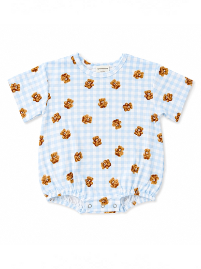 Light blue infant onesie featuring a playful bear print on a checkered background. Ideal for toddlers.
