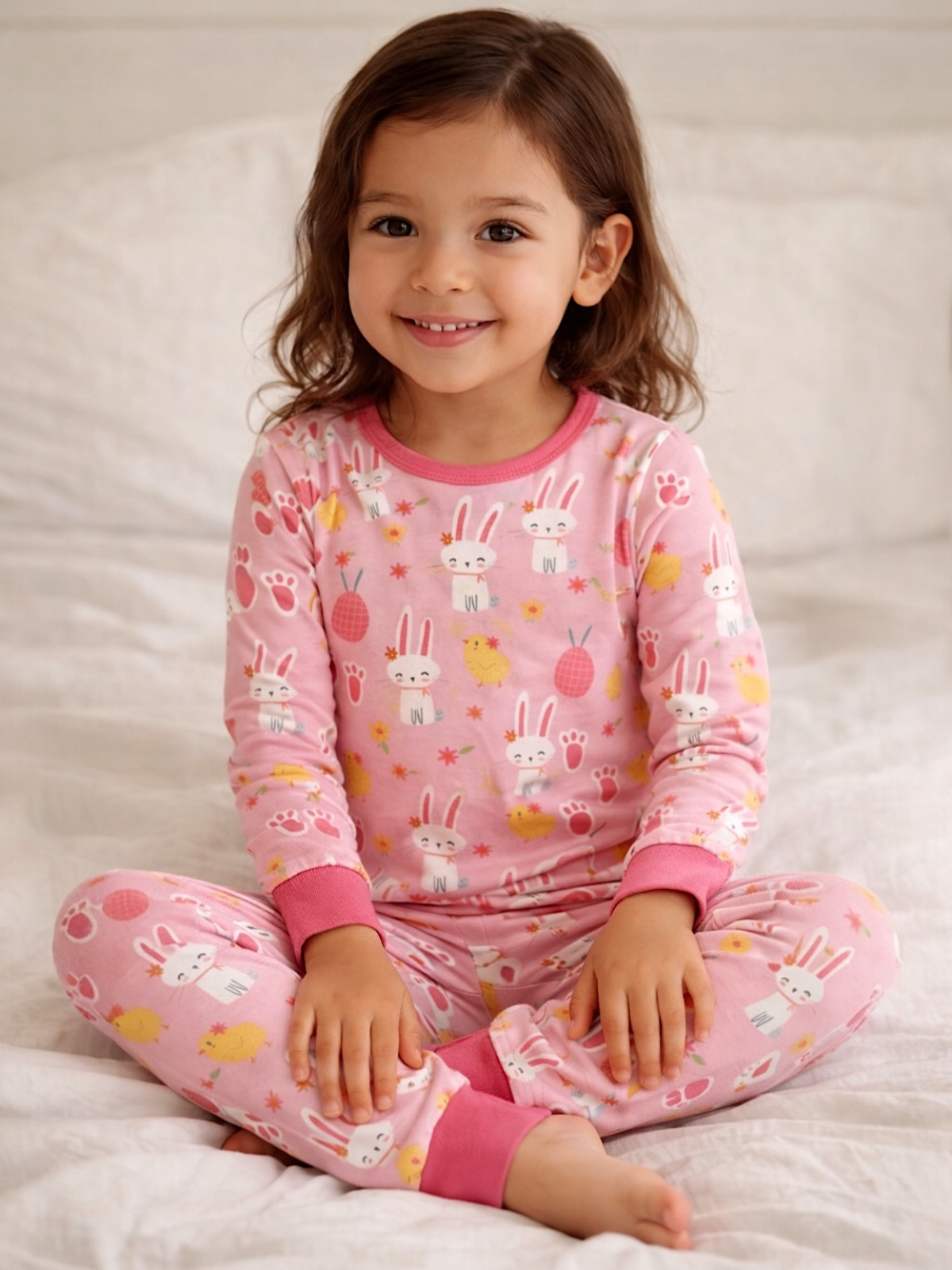 Smiling child in pink bunny pajamas sitting on a bed with a white blanket.