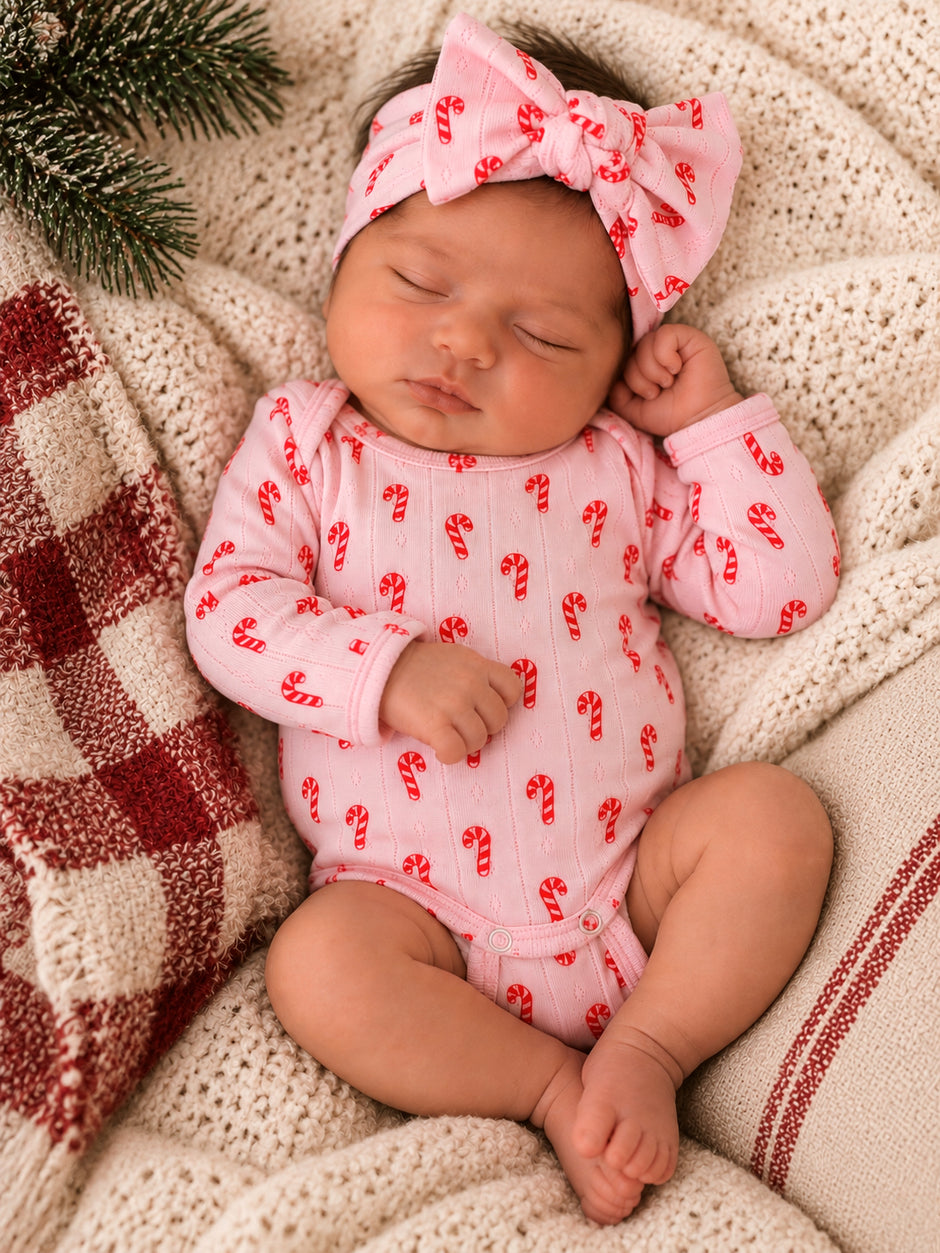 Sleeping baby in candy cane onesie with a matching headband, nestled on cozy blankets and greenery.