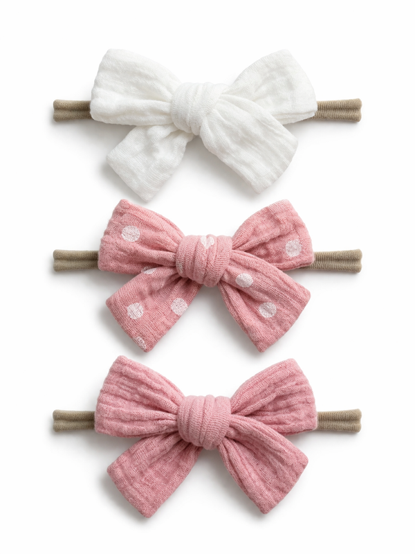 Three hair accessories: a white bow, a pink bow with polka dots, and a solid pink bow on elastic bands.