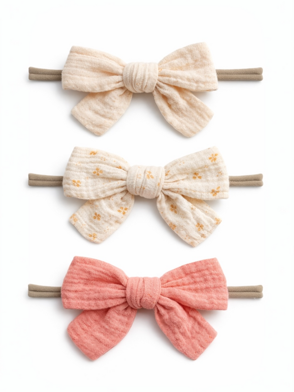 Three fabric hair bows in cream and peach, arranged vertically on elastic hair bands, against a white background.