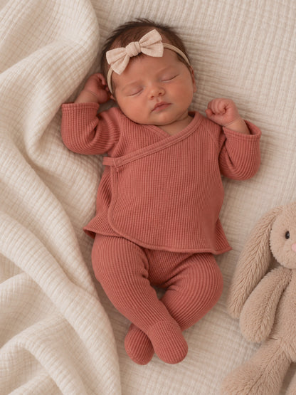 Sleeping baby in a cozy rust outfit with a bow, resting beside a soft stuffed bunny on a textured blanket.
