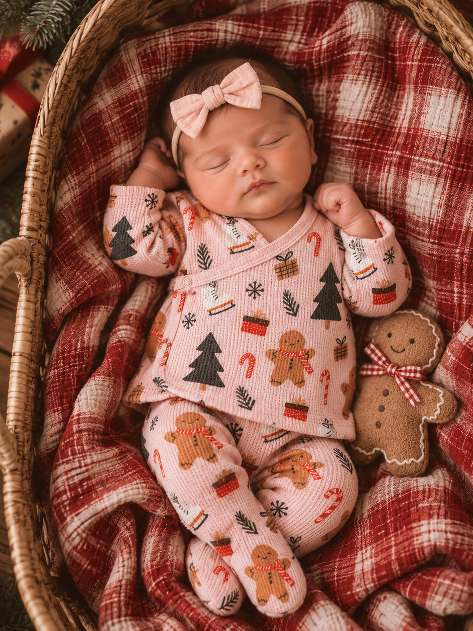 Sleeping newborn in festive pajamas, surrounded by a cozy blanket and a gingerbread plush toy.