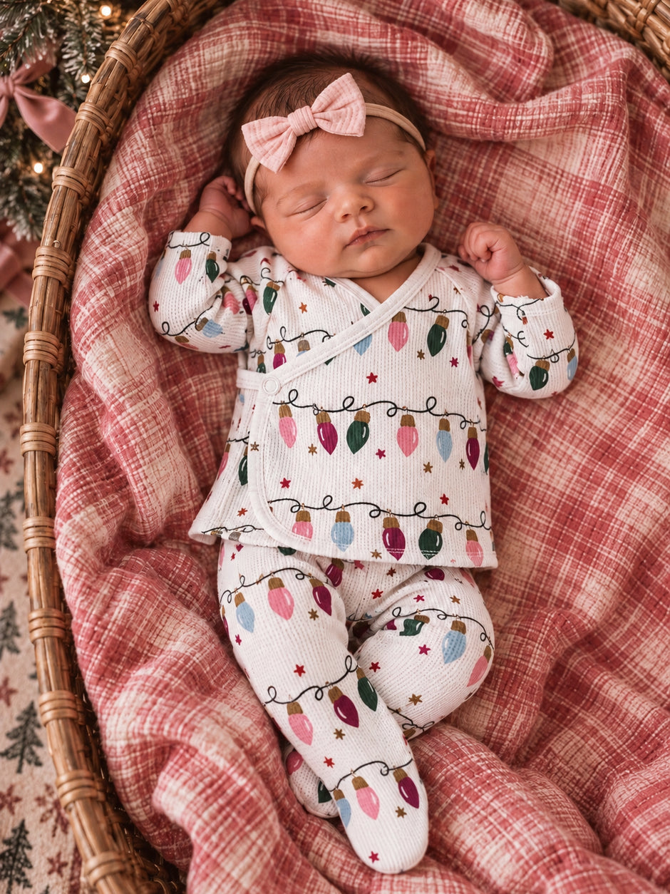 Sleeping baby in festive outfit with holiday lights; nestled in a cozy basket on a plaid blanket.