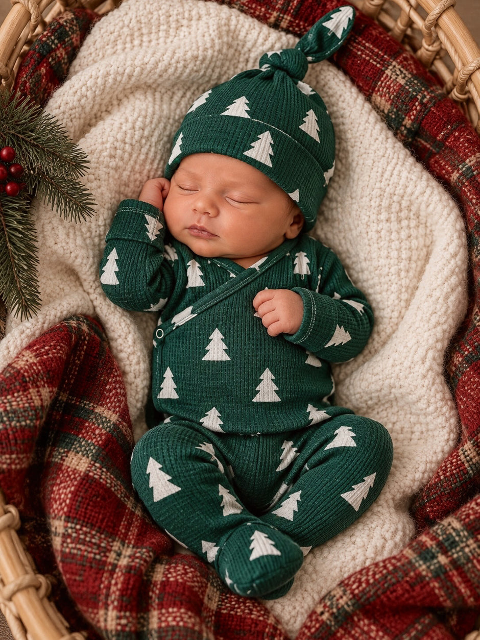 Newborn sleeping in a festive green outfit with white trees, nestled in a cozy blanket basket.