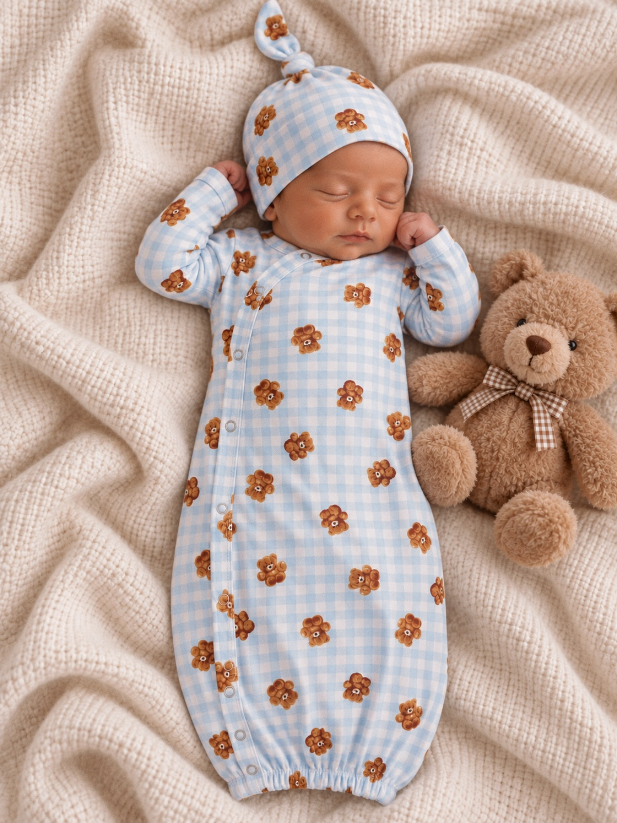 Sleeping baby in blue checked outfit with teddy bear, surrounded by a soft blanket.