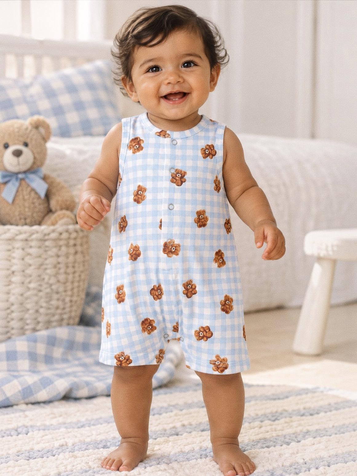 Smiling toddler in a bear-printed onesie, standing on a soft rug with a toy bear in the background.