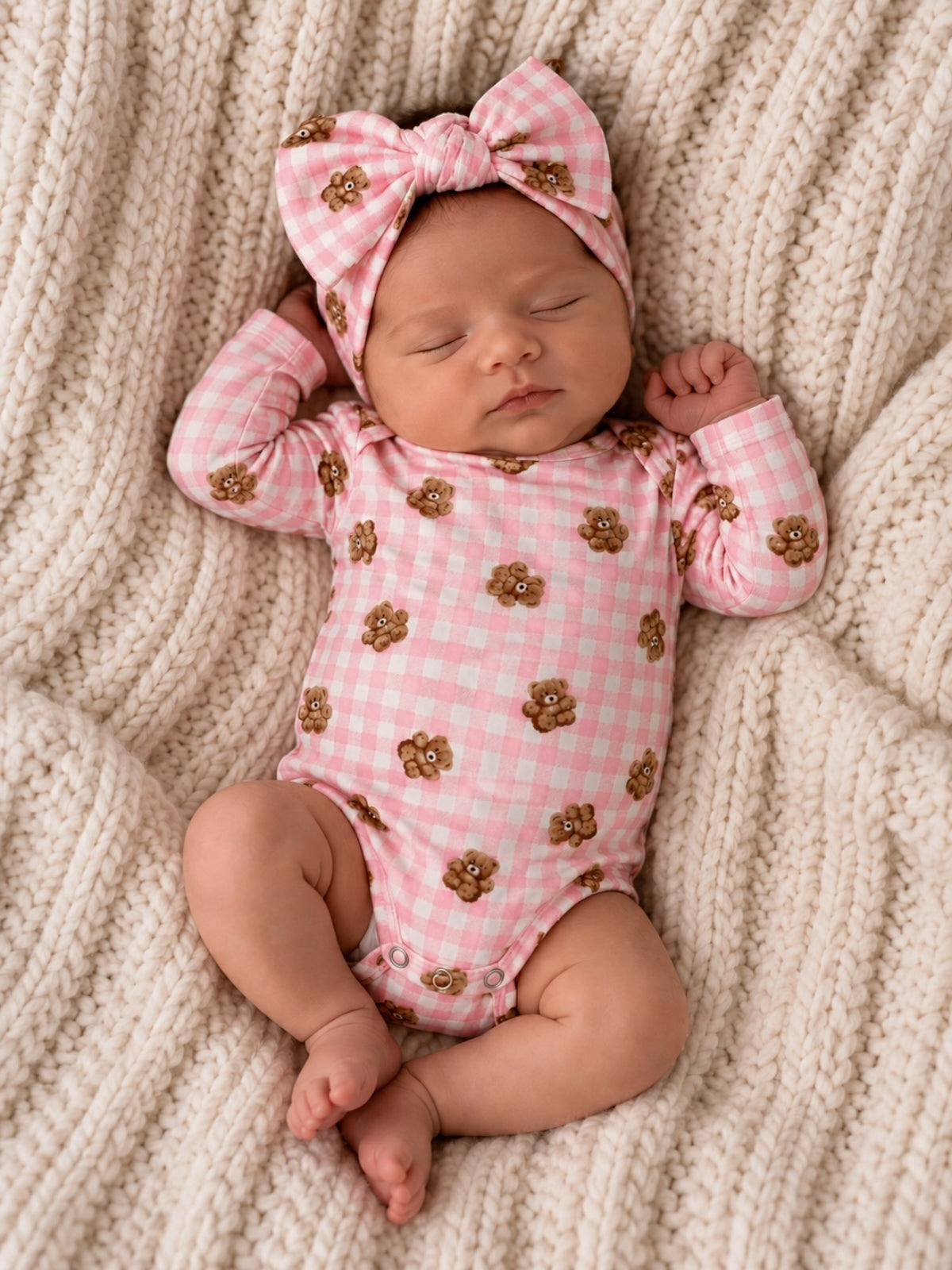 Sleeping baby in pink teddy bear onesie with a large bow, lying on a cozy cream blanket.