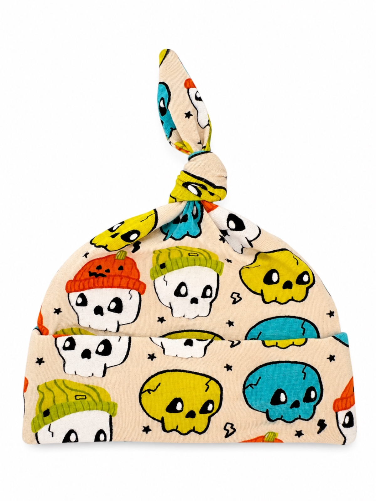 Colorful baby hat featuring playful skull designs with hats on a beige background. Ideal for a fun look.