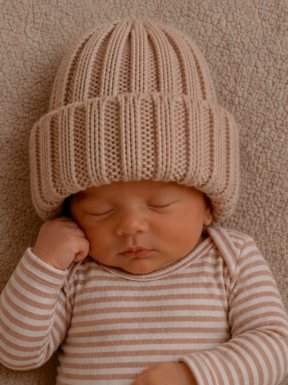 Sleeping baby wearing a knitted beige hat, dressed in a striped long-sleeve onesie, on a textured beige background.