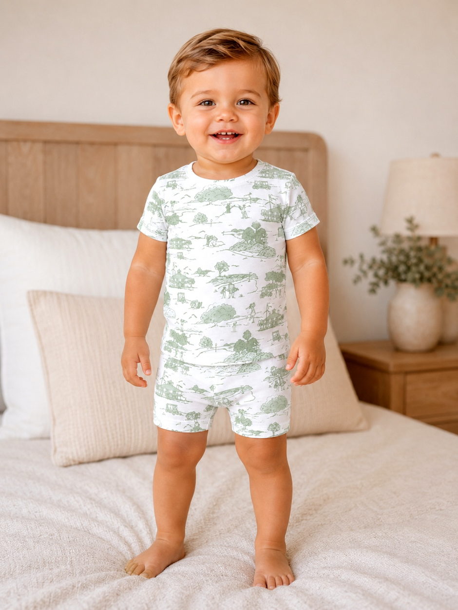 Smiling toddler in a green-patterned onesie stands on a bed, surrounded by cozy decor and soft textures.