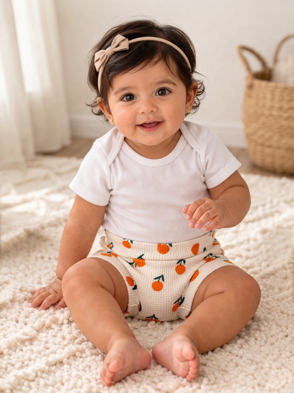 Smiling baby girl with curly hair, wearing a white onesie and orange-patterned shorts, sitting on a plush rug.