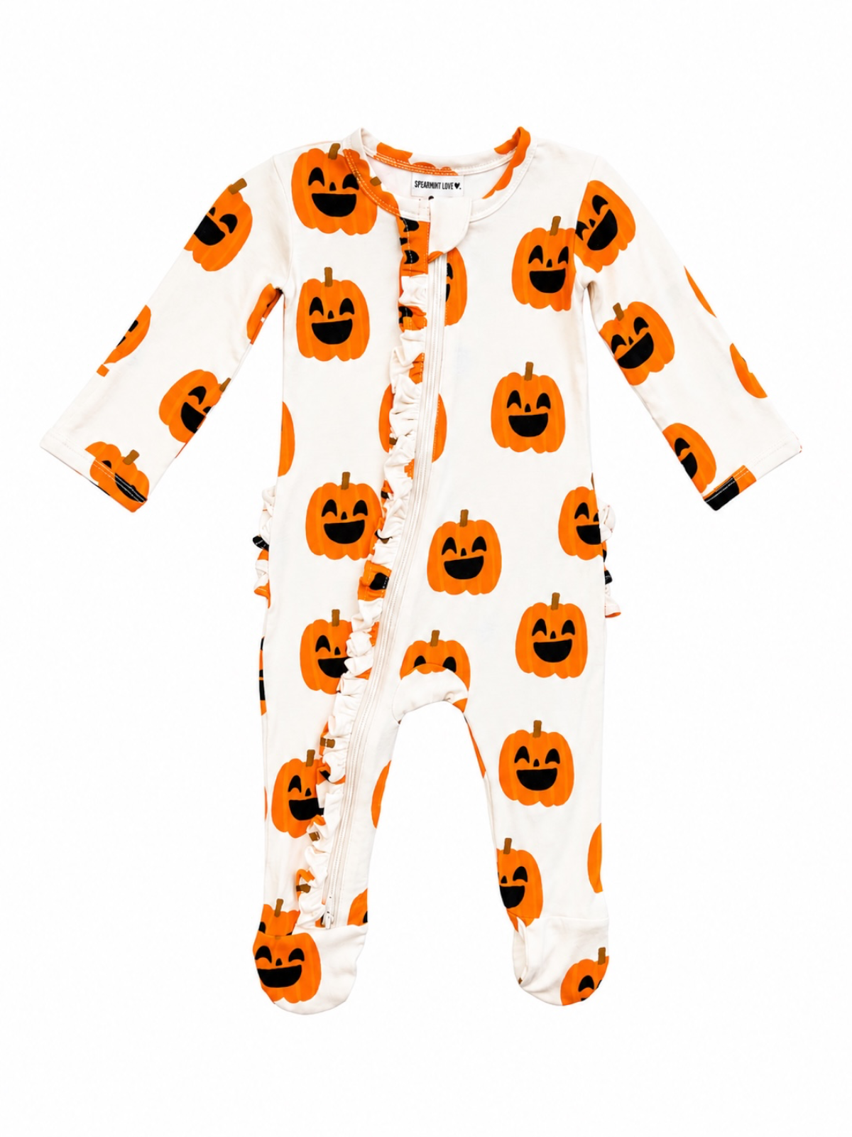 White romper with orange pumpkin print and ruffles, ideal for Halloween. Perfect for toddlers and infants.