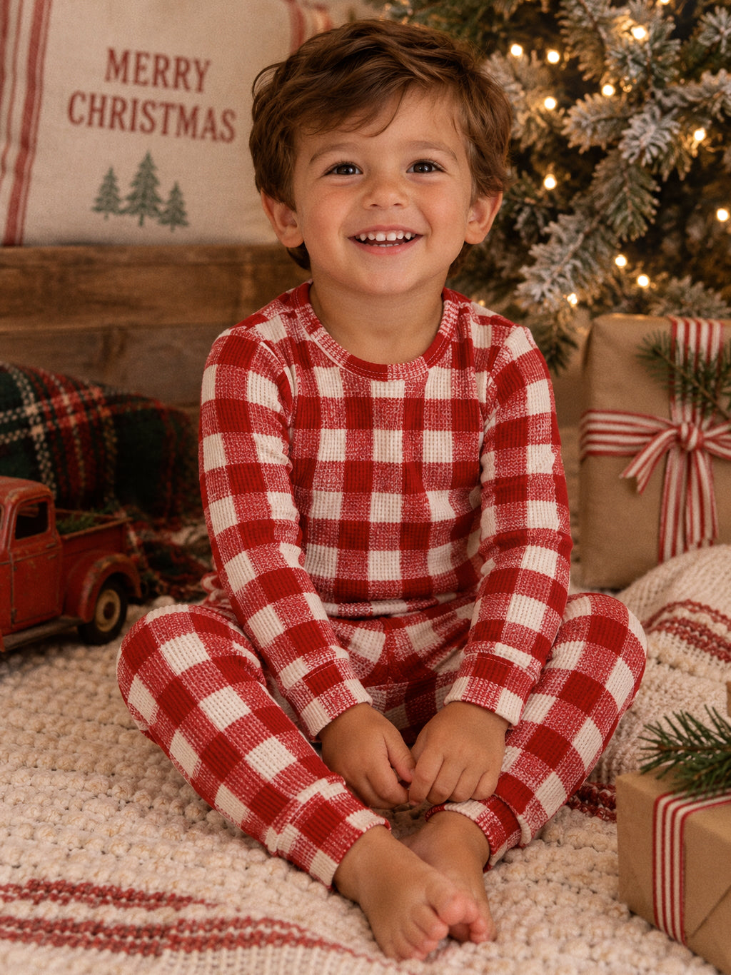 Smiling child in red and white checkered pajamas, sitting on a cozy blanket near a festive Christmas setting.