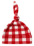 Red and white checkered knit hat with a tied top, designed for warmth and style.