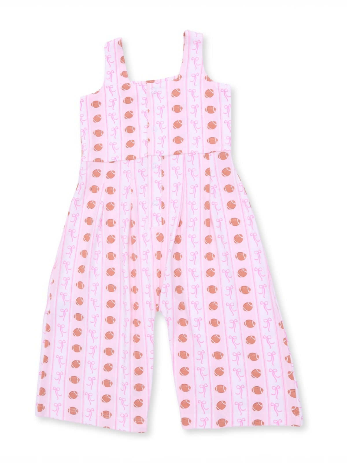 Pink jumpsuit with a playful pattern of brown acorns and pink swirls, featuring wide straps and a relaxed fit.