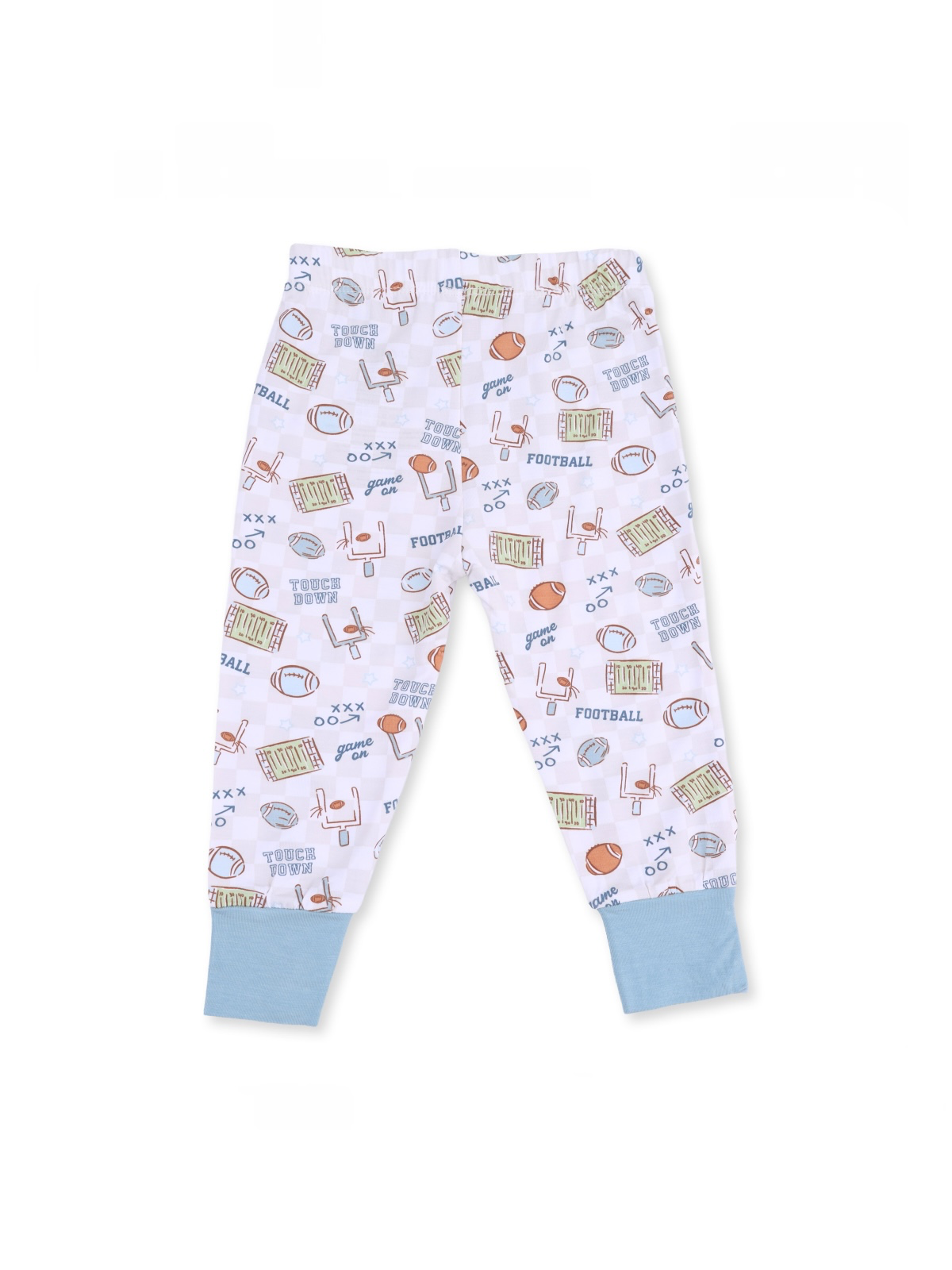 Football-themed children's pajama pants with blue cuffs and playful sports graphics.