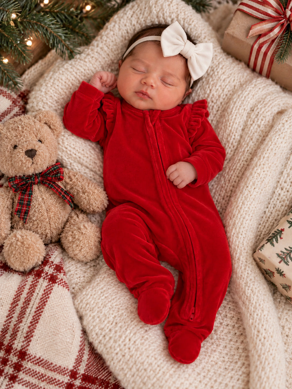 Infant in red velvet outfit sleeping peacefully beside a teddy bear, surrounded by festive decorations and blankets.