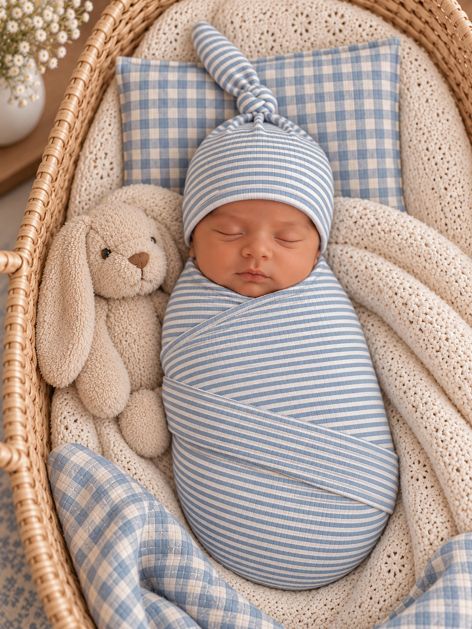 Newborn baby swaddled in blue stripes, sleeping beside a plush bunny in a cozy woven basket.