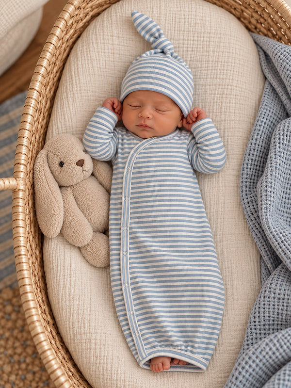Newborn in a striped outfit sleeping peacefully next to a soft bunny toy in a cozy basket.