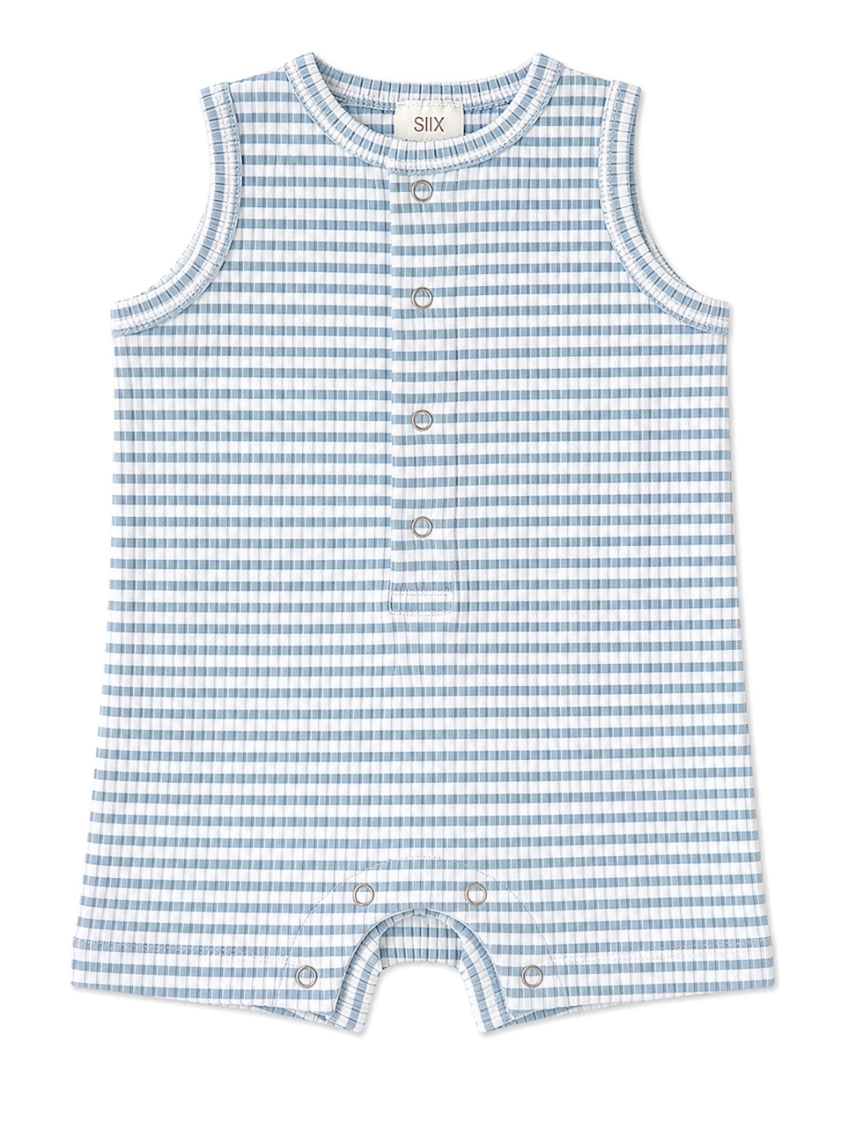 Light blue and white striped baby romper with snap buttons at the front and bottom.