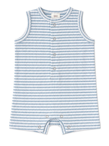 Light blue and white striped baby romper with snap buttons at the front and bottom.