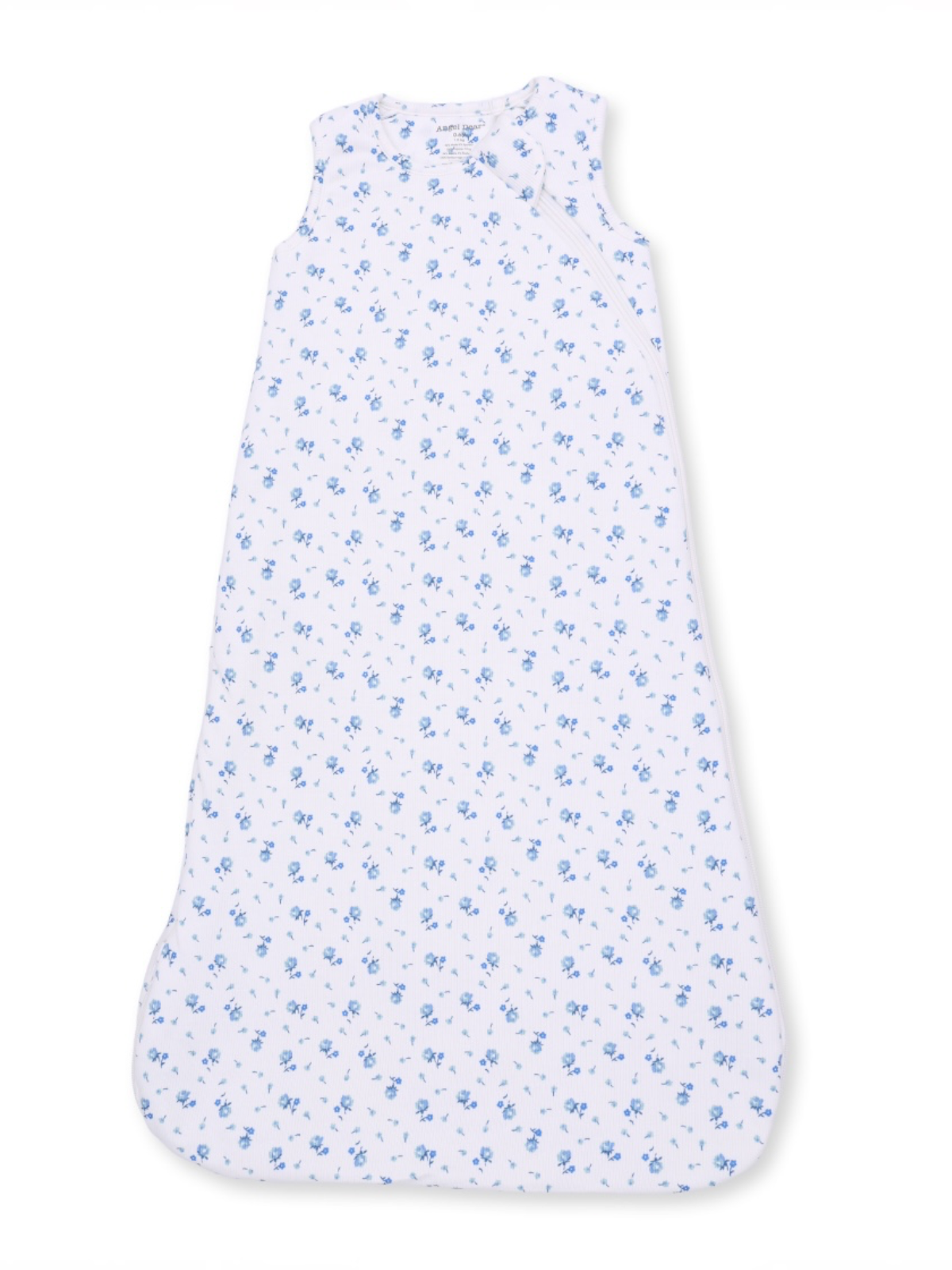 Sleeveless baby sleep sack with blue floral pattern on a white background.