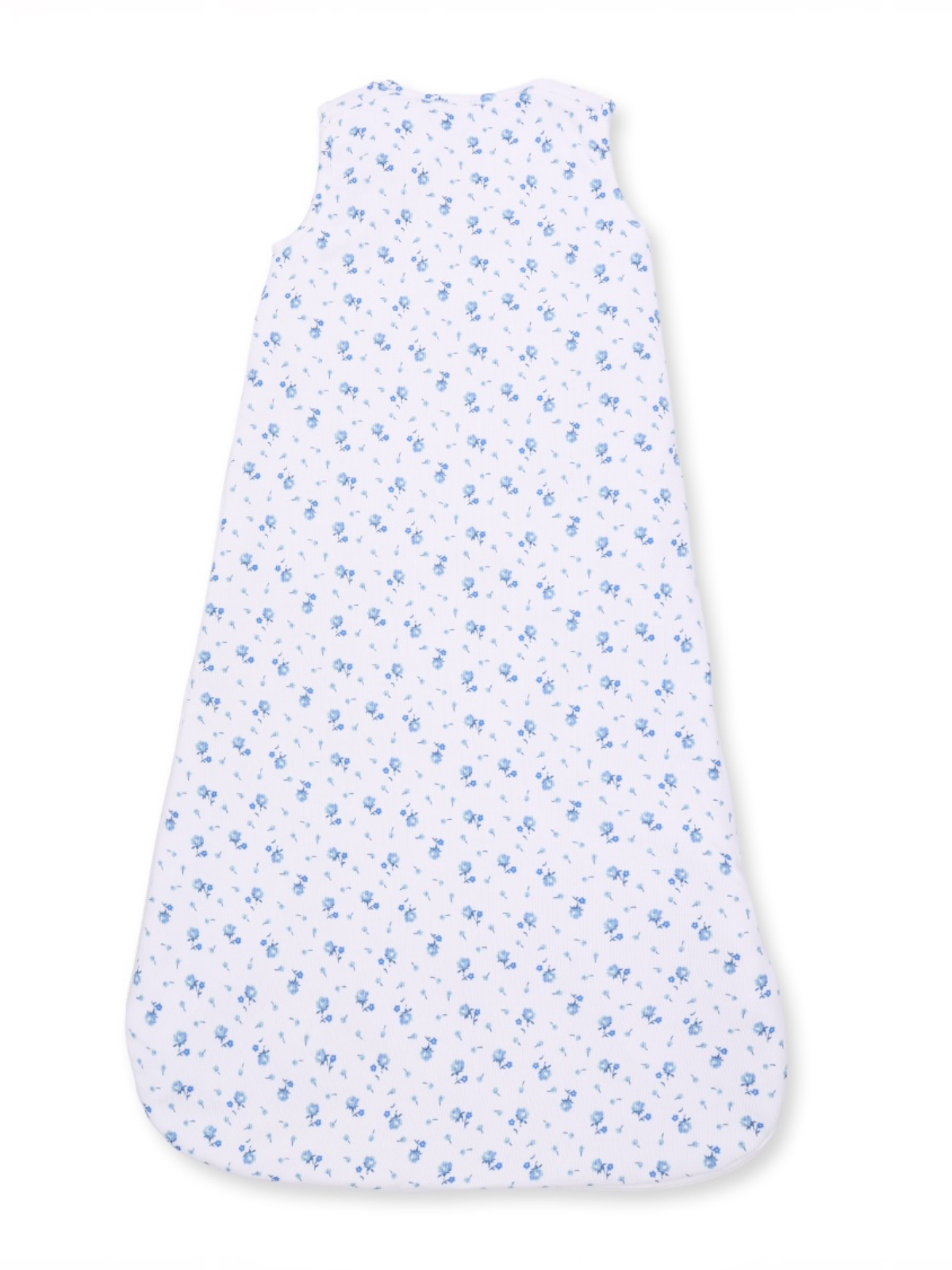 Blue floral pattern sleeveless baby sleeping bag on a white background.