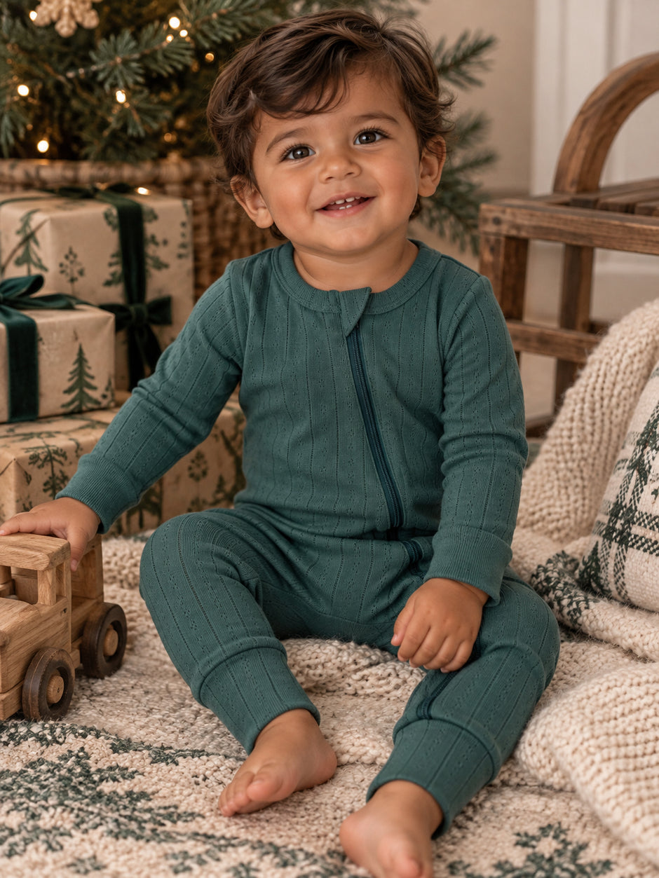 Pine / Organic Pointelle 2-Way Zip Romper