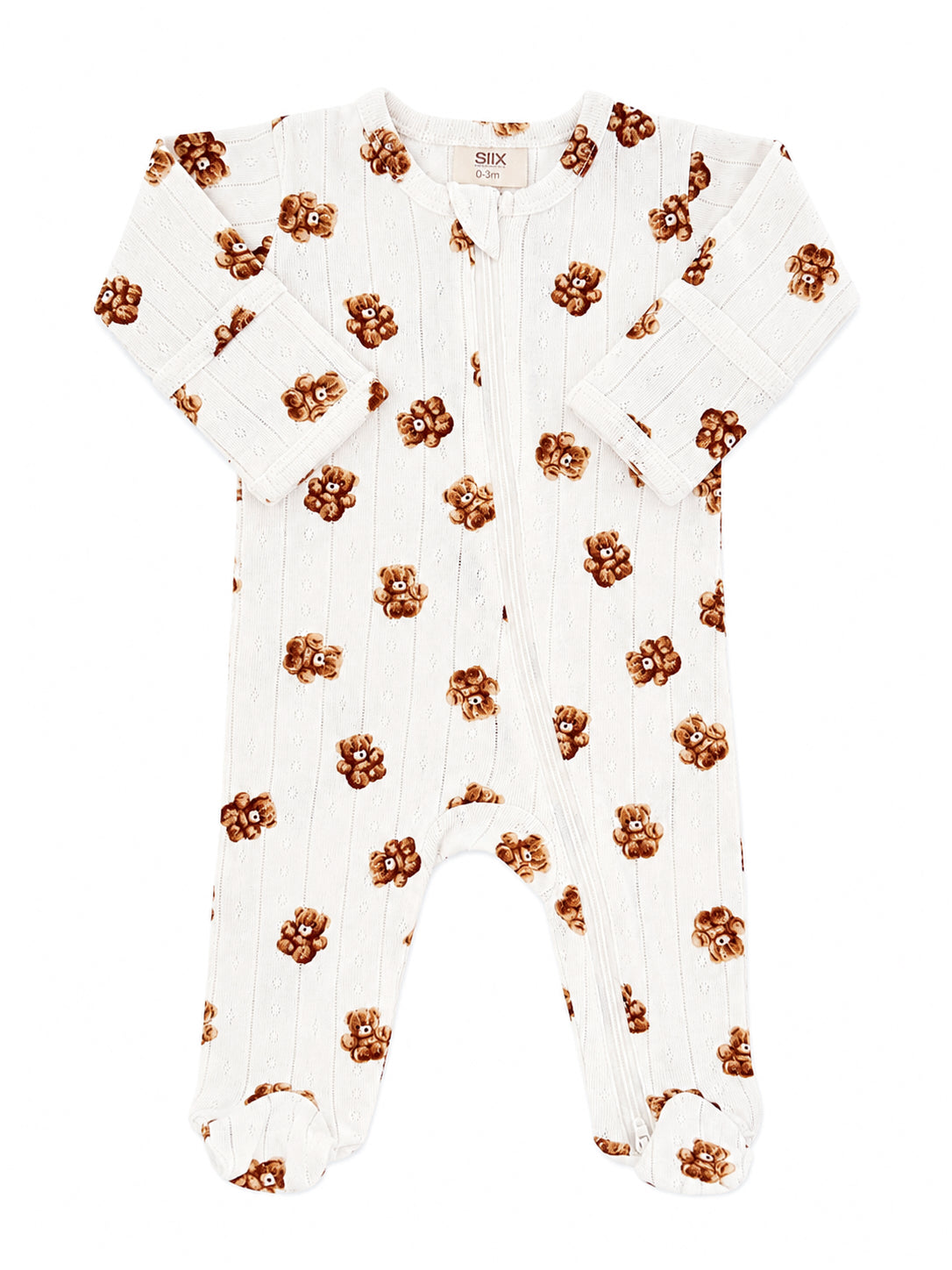 White baby onesie with teddy bear print and long sleeves, ideal for newborns up to 3 months.
