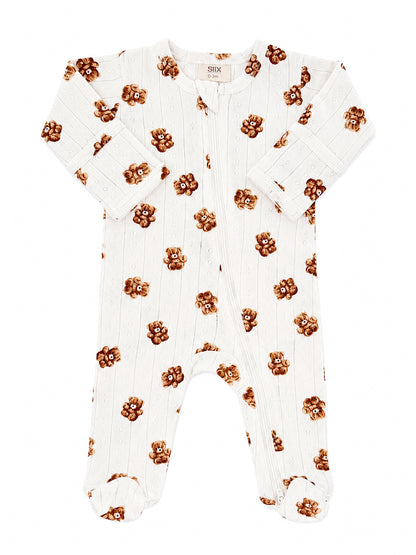 White baby onesie with teddy bear print and long sleeves, ideal for newborns up to 3 months.
