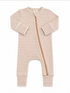 Striped baby onesie in beige and white with a front zipper and long sleeves. Perfect for comfortable lounging.