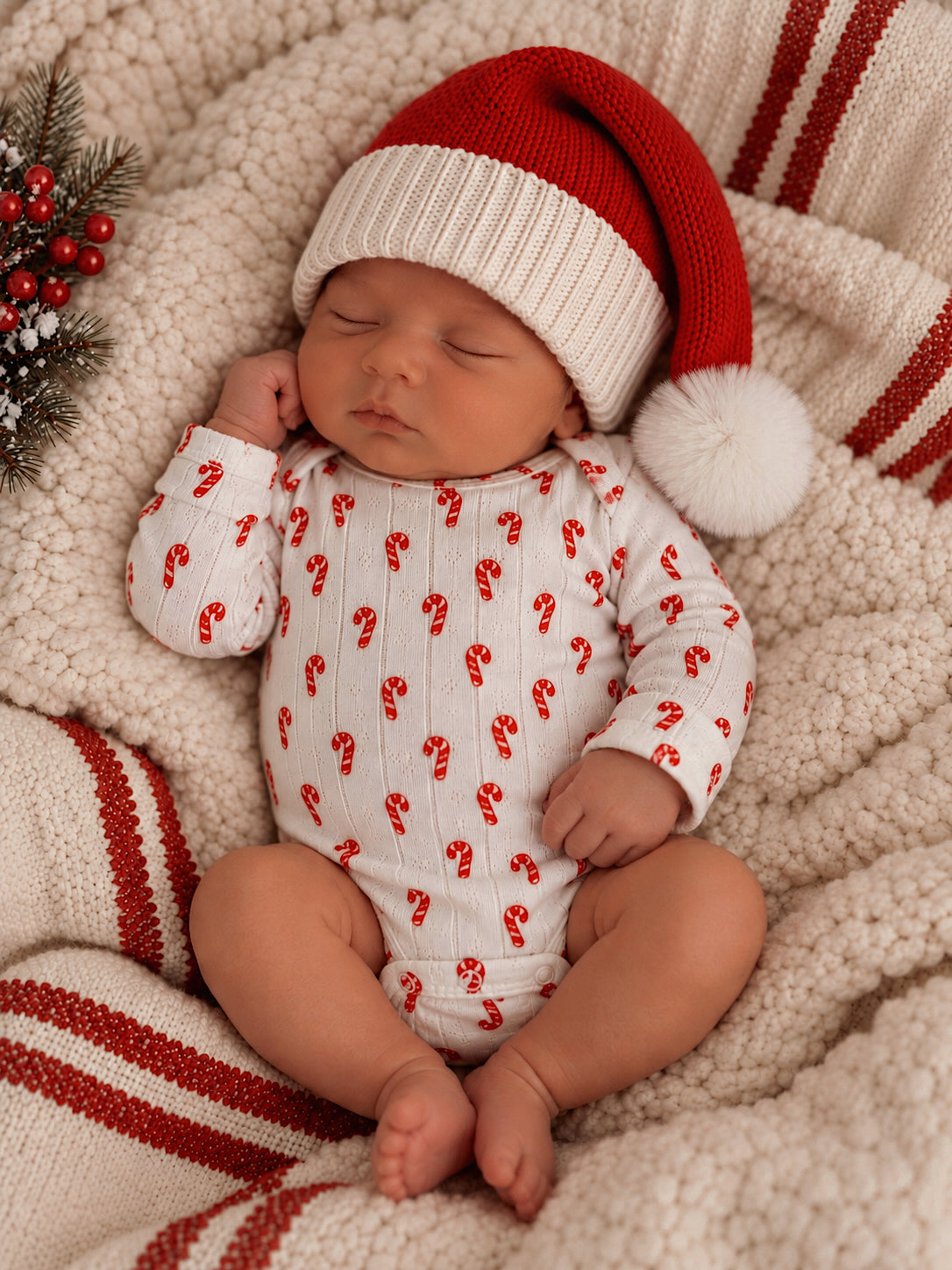 Sleeping baby in a candy cane-printed onesie, wearing a red holiday hat, nestled in cozy blankets.
